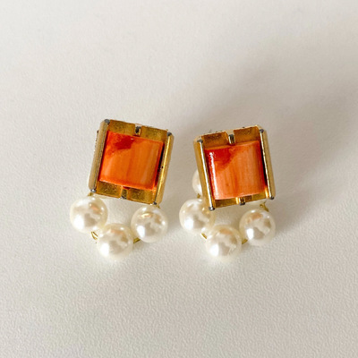 レジンヘアゴムクリップ3連オレンジ淡色オーロラシェル春夏